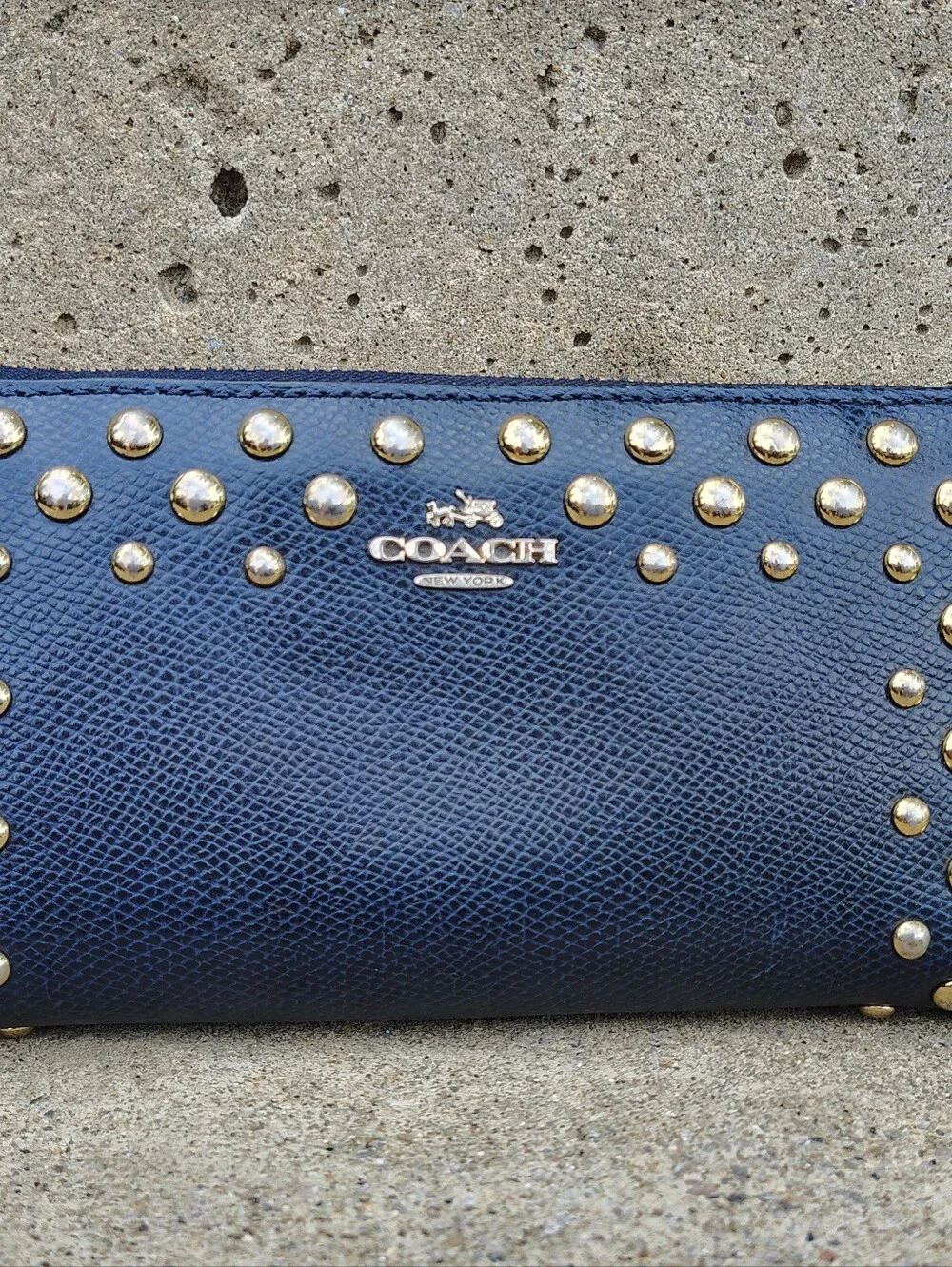 Coach Navy Blue Studded Pebbled Leather Zip-Around Wallet